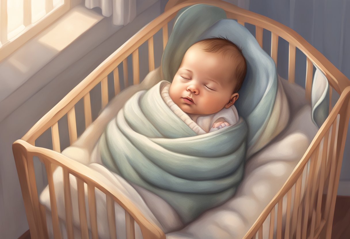 A cozy crib bathed in soft morning light, with a peaceful sleeping baby nestled inside