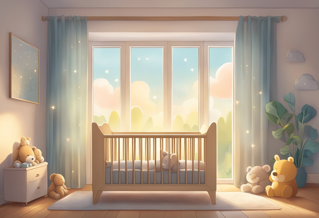 A peaceful baby sleeping in a cozy crib with the soft morning light filtering through the window, surrounded by stuffed animals and a gentle, soothing atmosphere