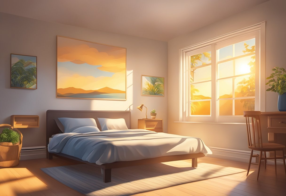 A bright sunrise streams through a window, illuminating a peaceful bedroom. A clock on the nightstand reads 7:00 AM, emphasizing the importance of a consistent morning wake time