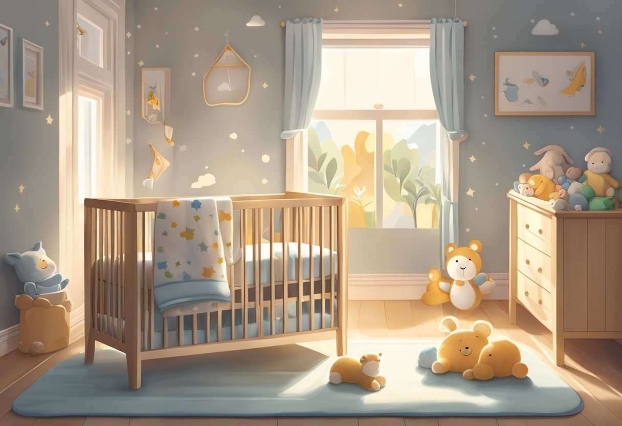 A baby sleeping peacefully in a cozy crib, surrounded by soft blankets and toys, with the morning sunlight gently streaming through the window