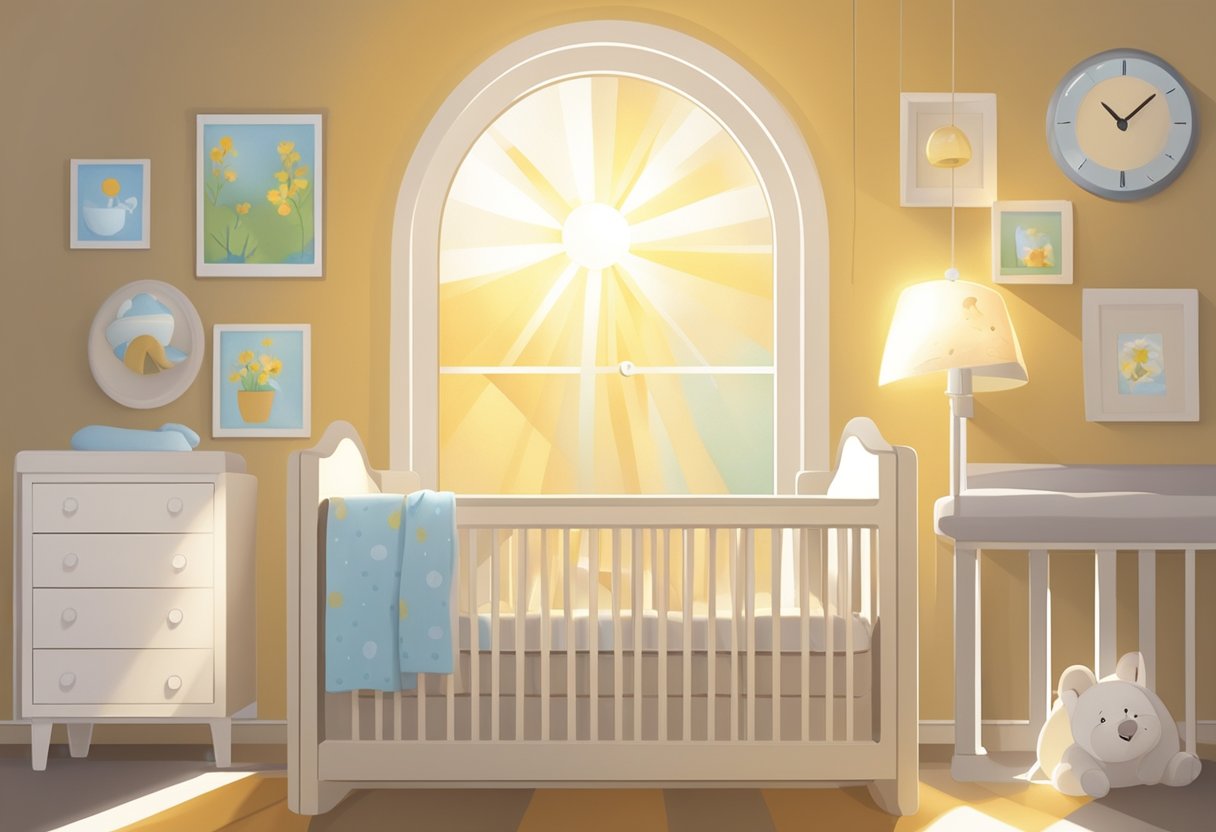 A bright morning sun shines through a window onto a peacefully sleeping baby in their crib. A clock on the wall shows a late morning time