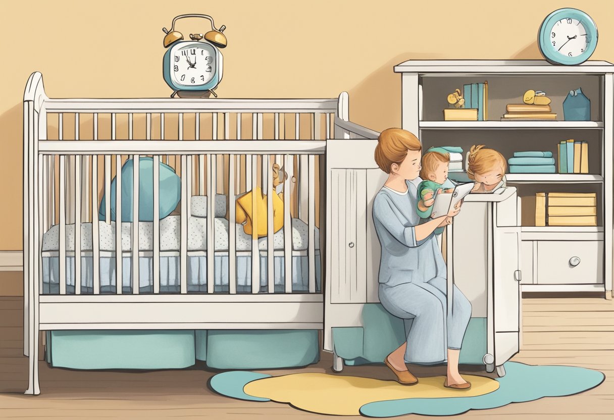 A baby's crib with a clock showing a late morning time, a worried parent holding a phone, and a thought bubble with a question mark