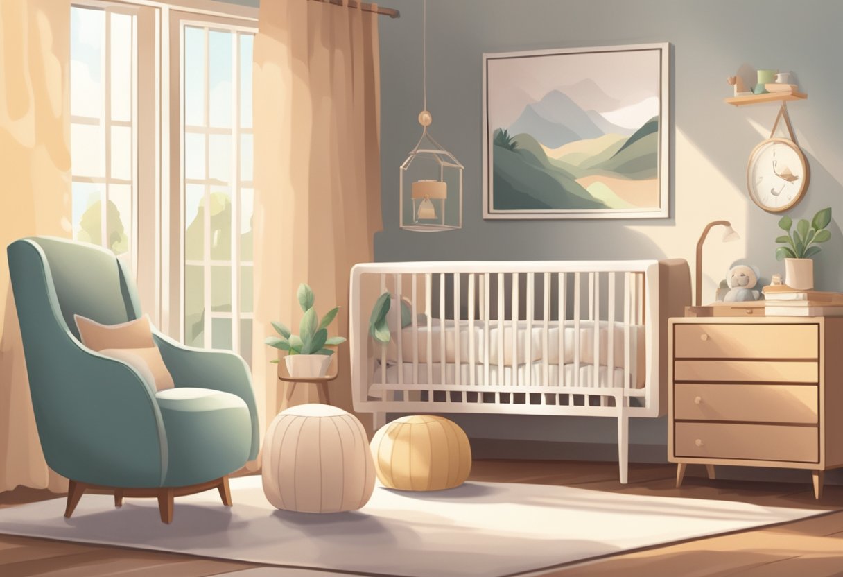 A peaceful bedroom with soft morning light filtering in through the window. A cozy crib with a sleeping baby, surrounded by soothing decor and a gentle breeze