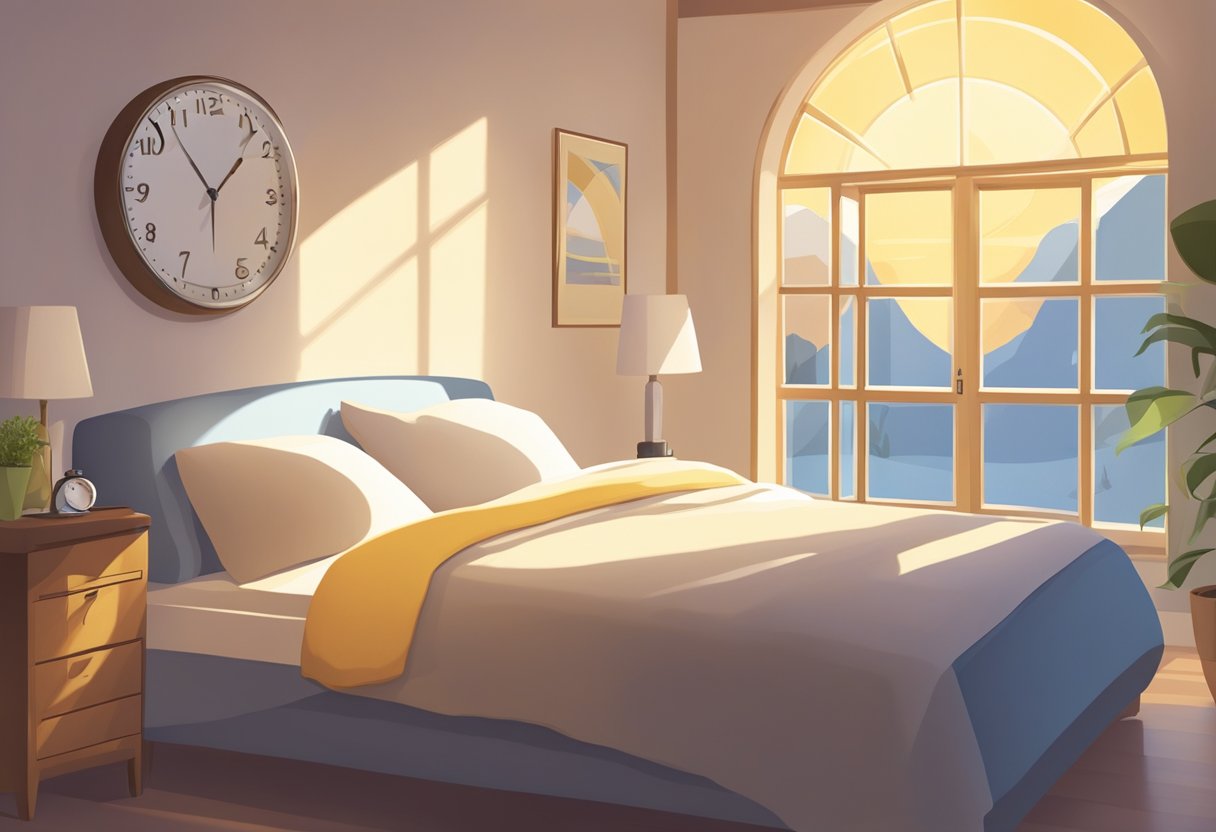 A bright morning sun shines through a window, casting warm light onto a peacefully sleeping room. A clock on the wall shows a late hour, indicating a restful night's sleep