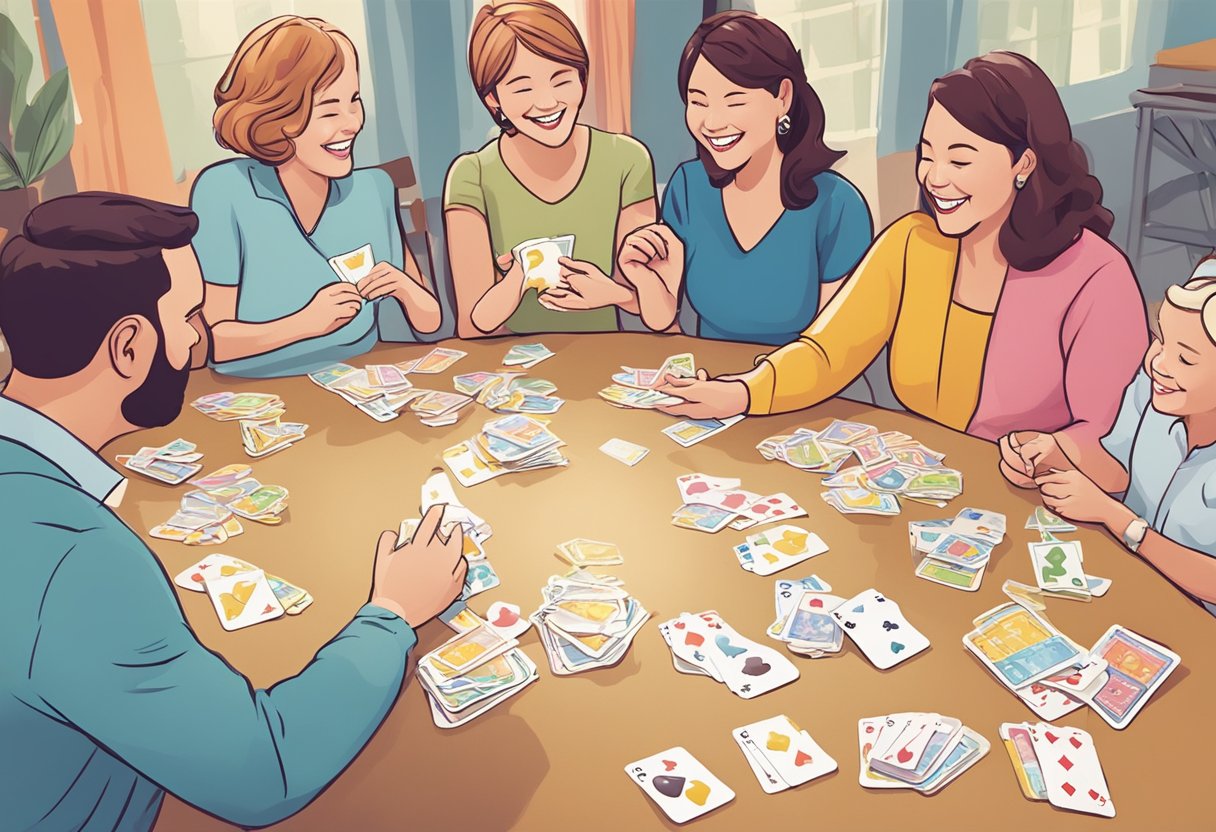 Colorful game cards scattered on a table, surrounded by excited guests. Laughter and chatter fill the room as everyone eagerly participates in the baby shower games