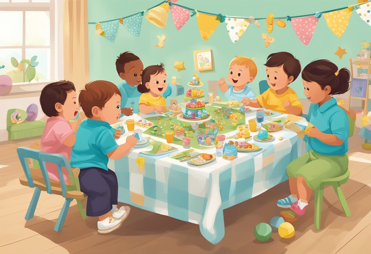 A table set with baby-themed games, surrounded by excited guests