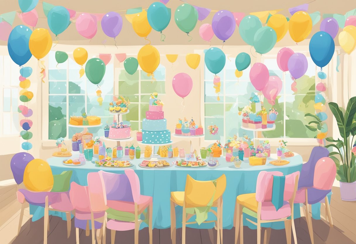 A colorful array of baby shower games arranged on a table, surrounded by excited guests and adorned with decorative banners and balloons