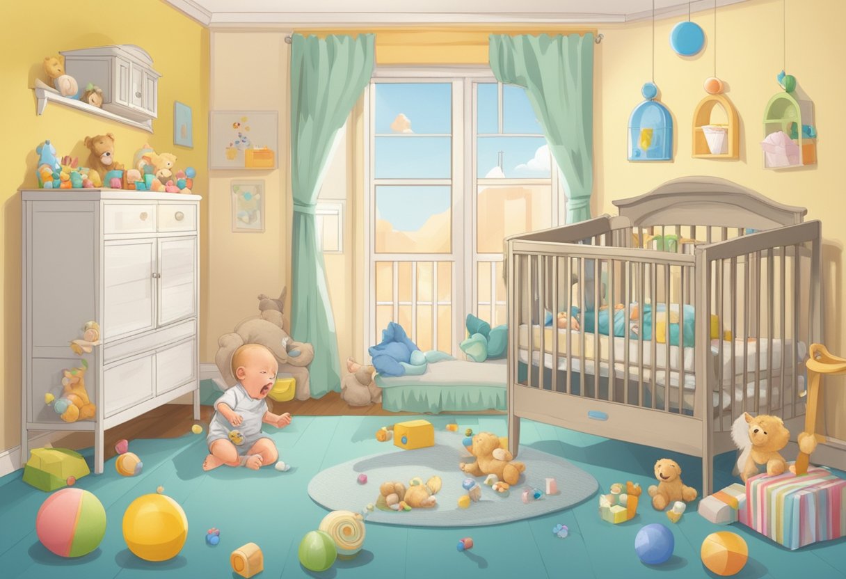 A crib with a restless baby, rubbing their eyes and yawning, surrounded by scattered toys and a half-empty bottle