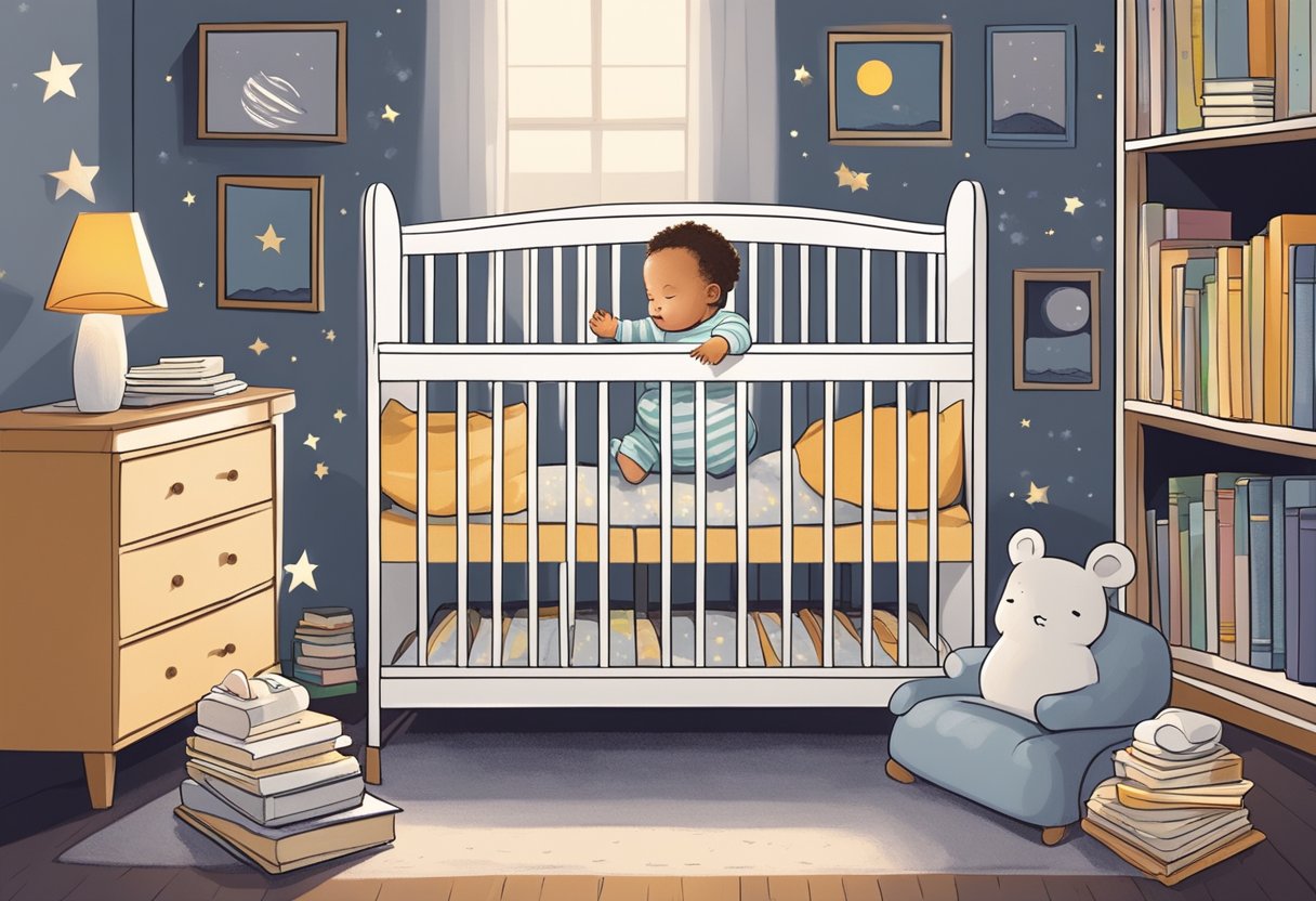 A baby's crib surrounded by books on sleep, a soothing night light, and a white noise machine. A tired parent looks on with concern