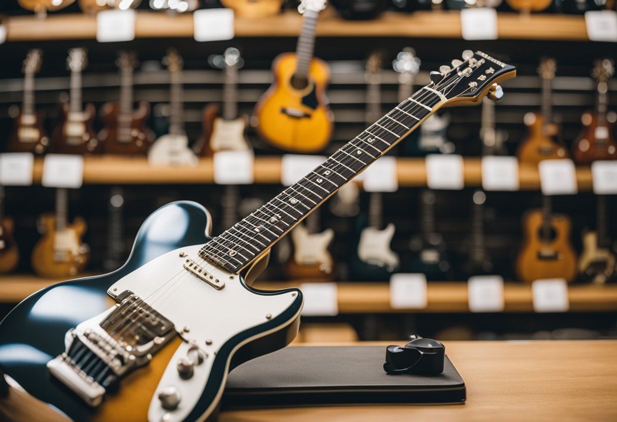 A popular Austin guitar model displayed on a stand in a well-lit music store