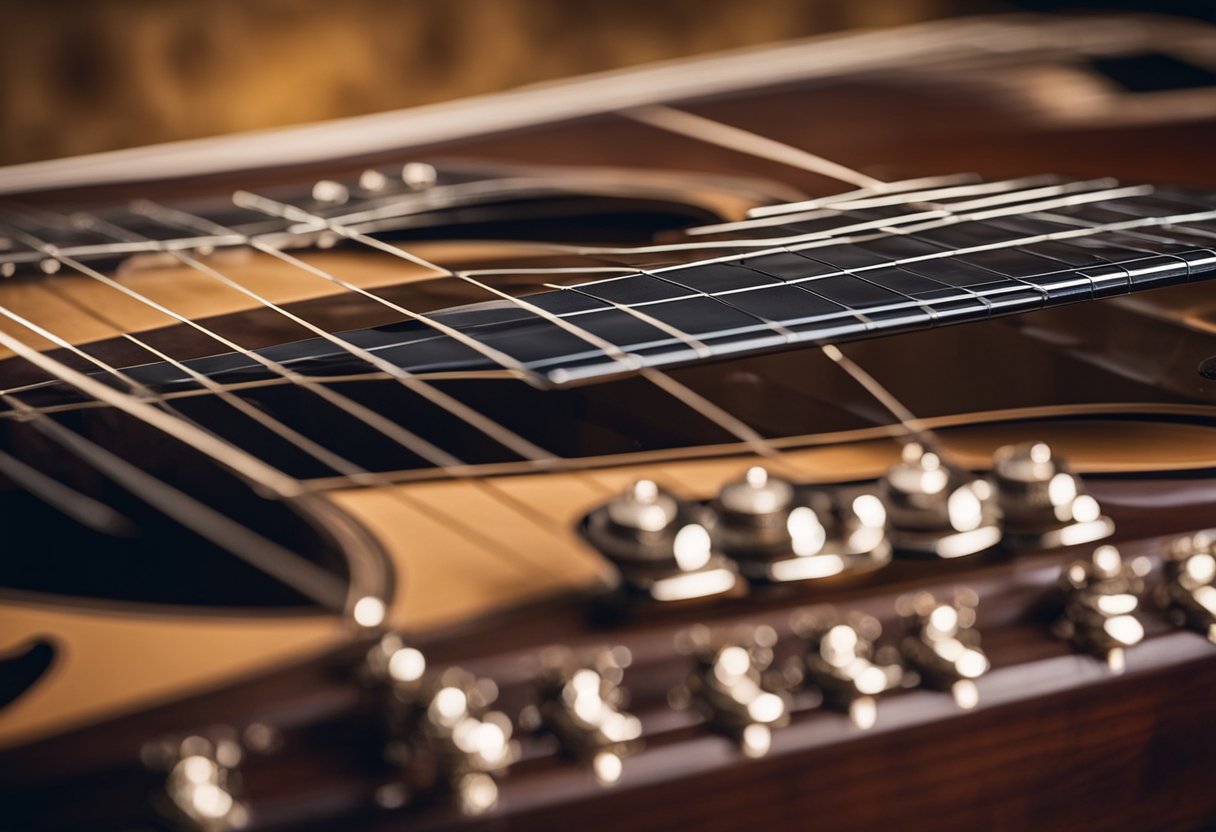 A Giannini Trovador guitar sits on a wooden stand, its polished body reflecting the soft light. The fretboard is adorned with intricate inlays, and the strings are taut, waiting to be played