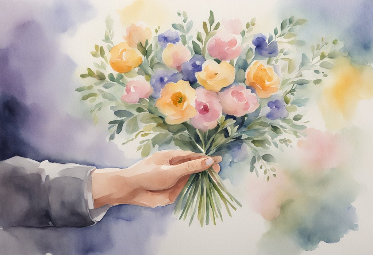 A man's hand holding a bouquet of flowers, a thoughtful note, and a comforting gesture