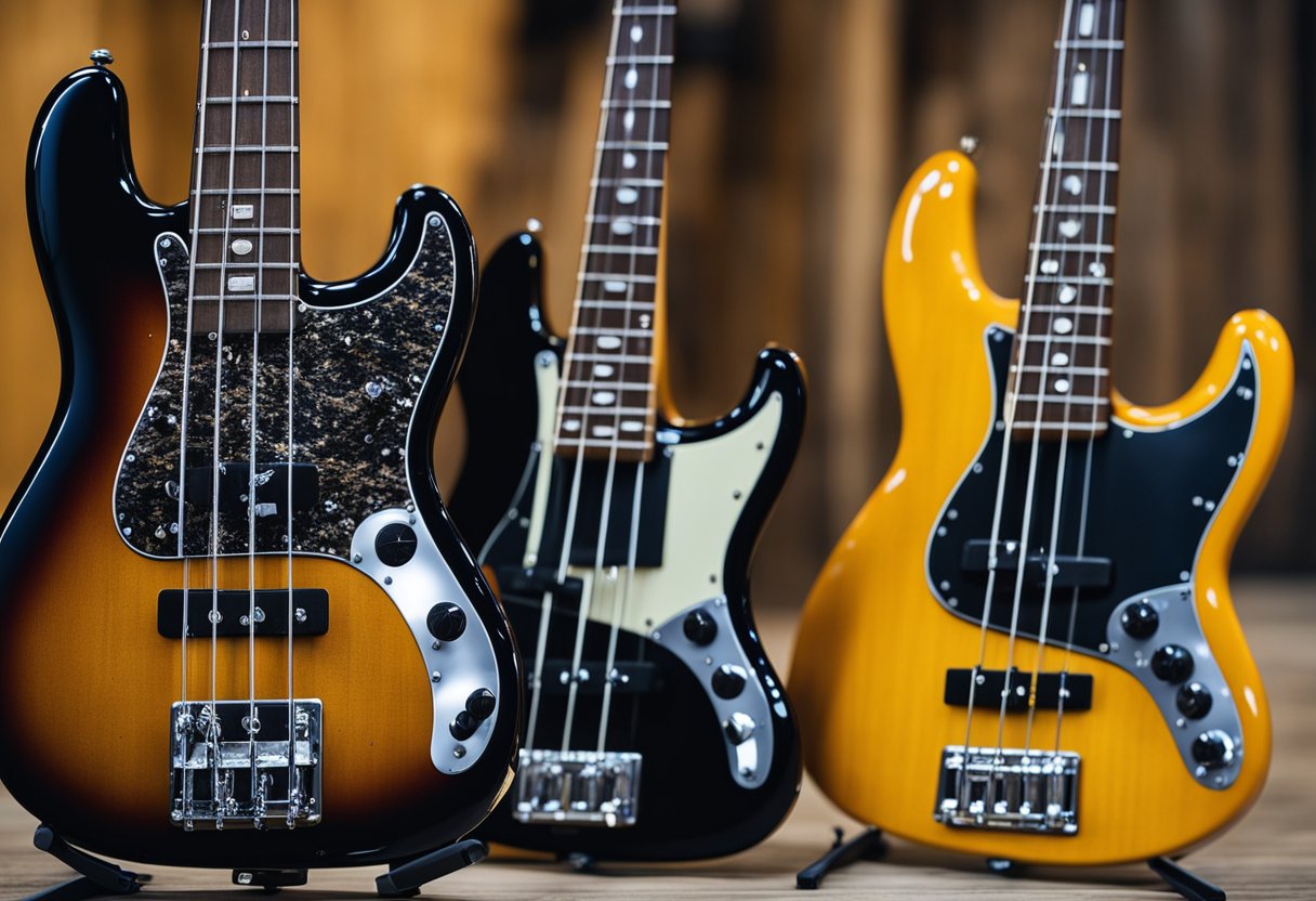 Different bass guitar models displayed: precision, jazz bass, musicman. Buyer considering options