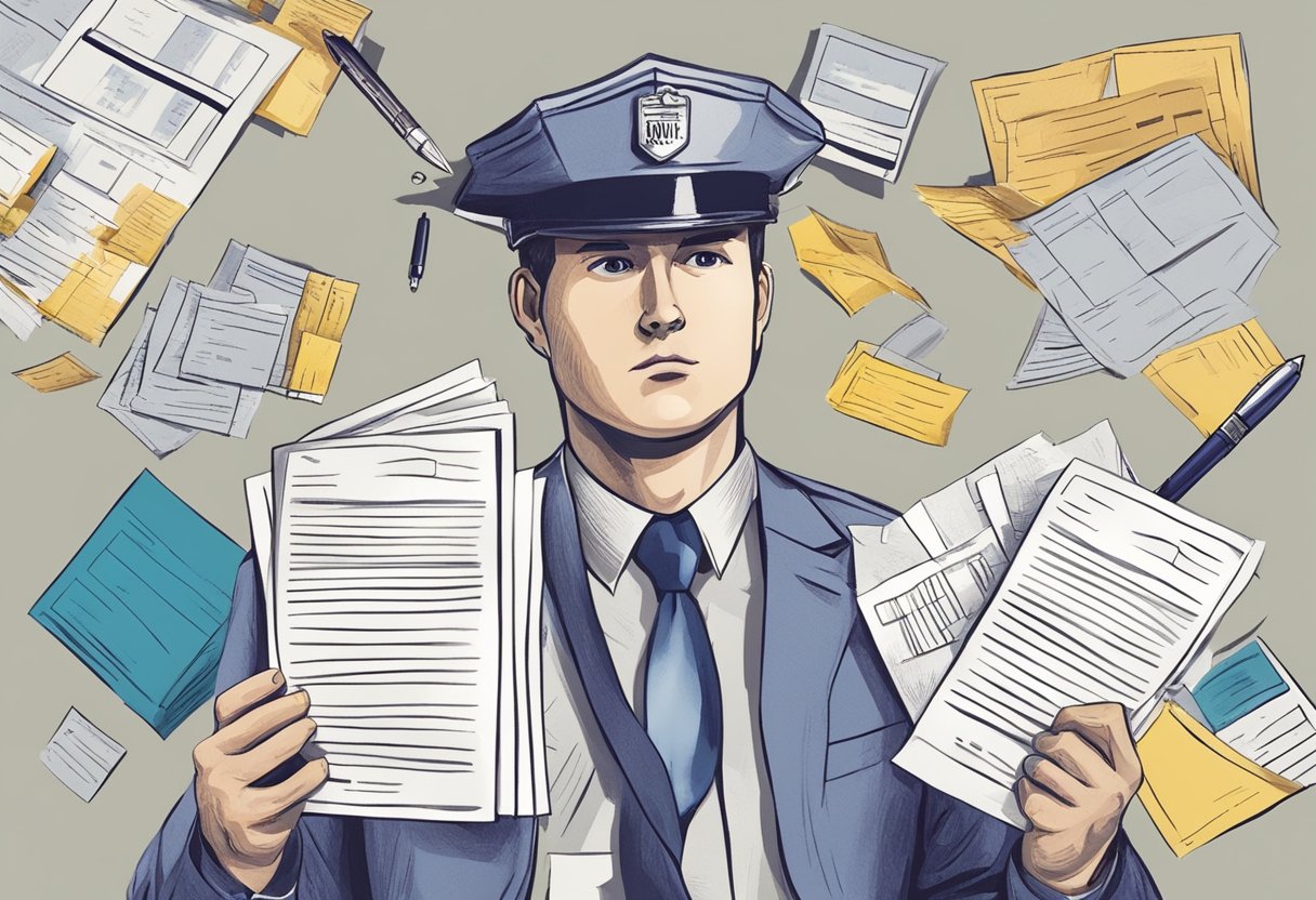 A person holding a traffic ticket with a puzzled expression, surrounded by various official documents and a pen left untouched