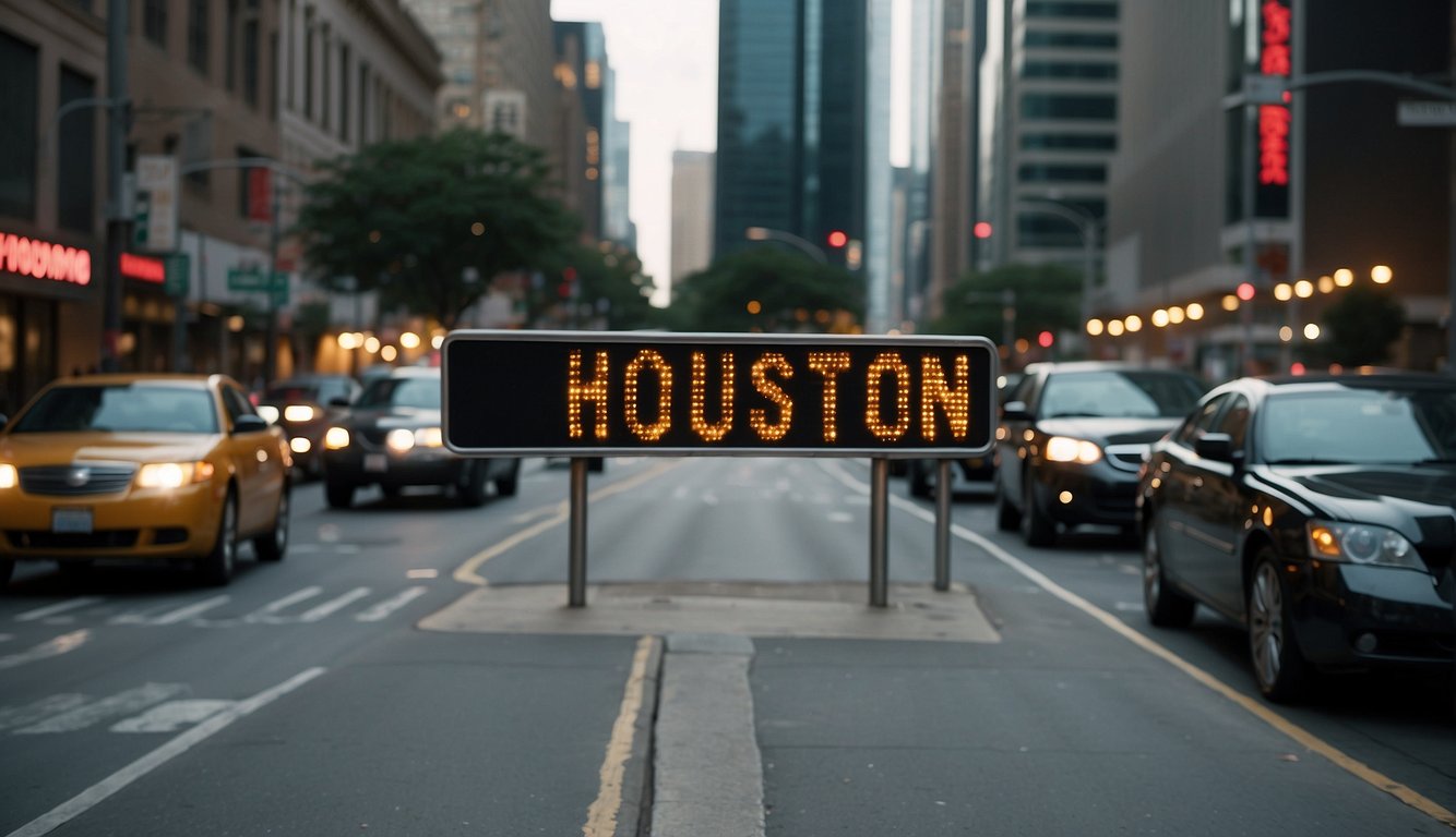 A bustling city street with skyscrapers and a sign reading "Houston Business Broker" in bold letters. Pedestrians and cars fill the scene