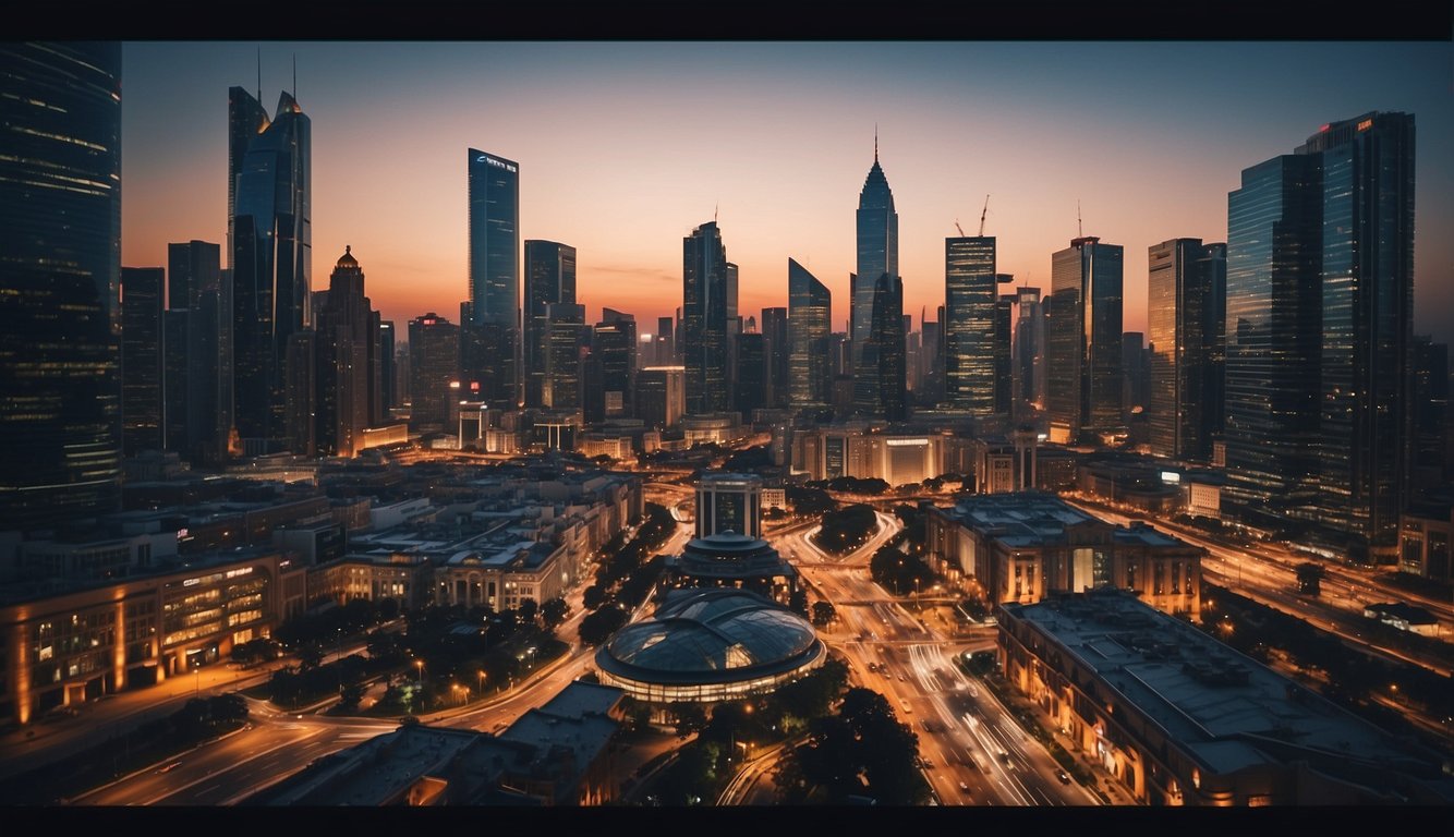 A bustling cityscape with skyscrapers and a diverse mix of businesses, from small startups to established corporations, with a sense of energy and opportunity