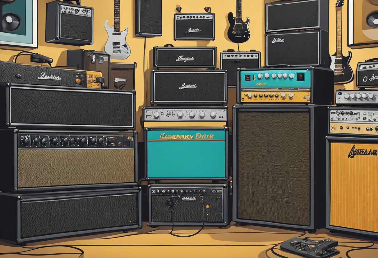 Legendary Distortion Pedals: Iconic guitar pedals displayed in a vibrant music studio setting, surrounded by vintage amplifiers and musical equipment