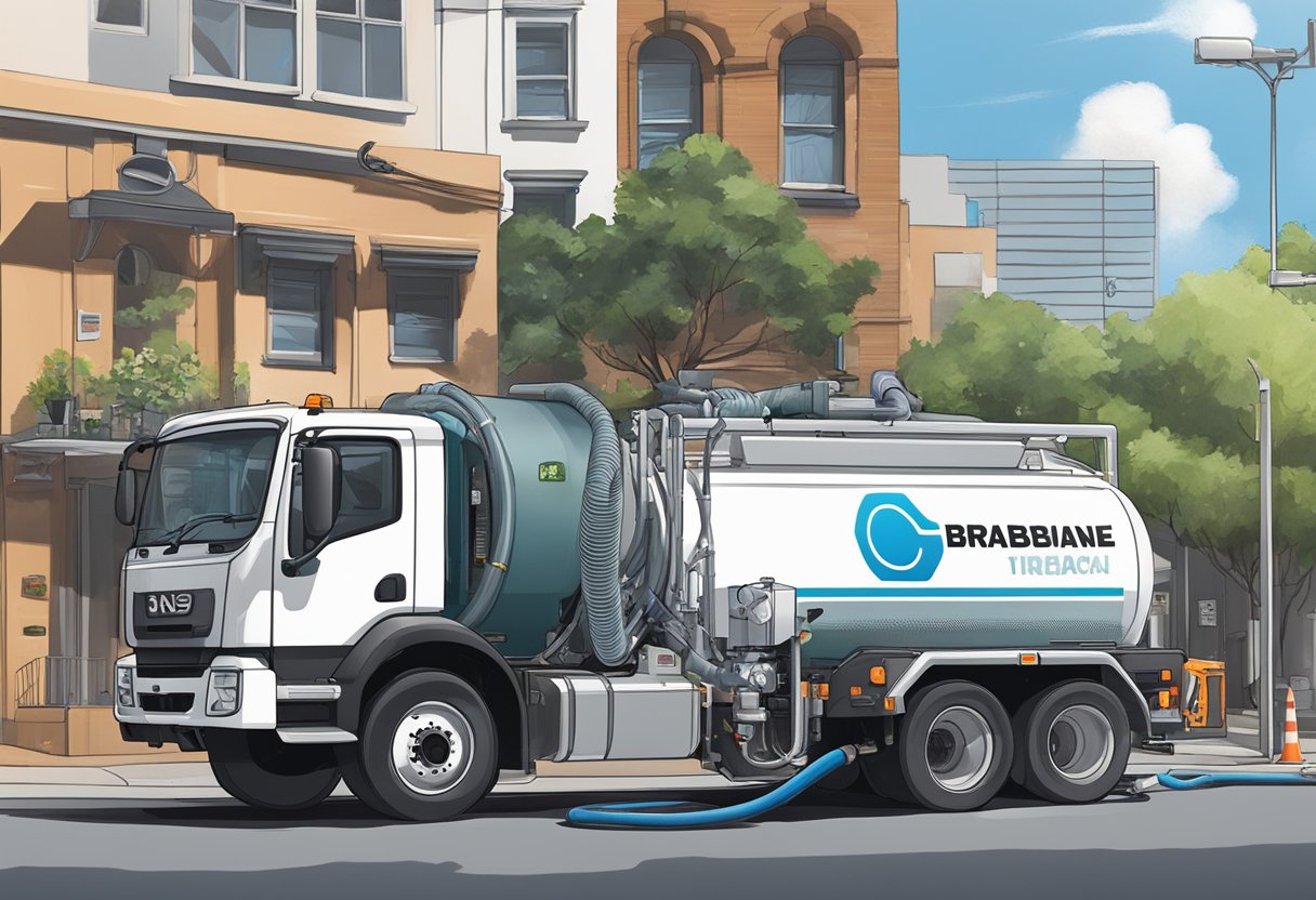 A Vac truck is parked in a Brisbane street, with its hose extended and sucking up debris from a drain. The truck's logo is visible on the side