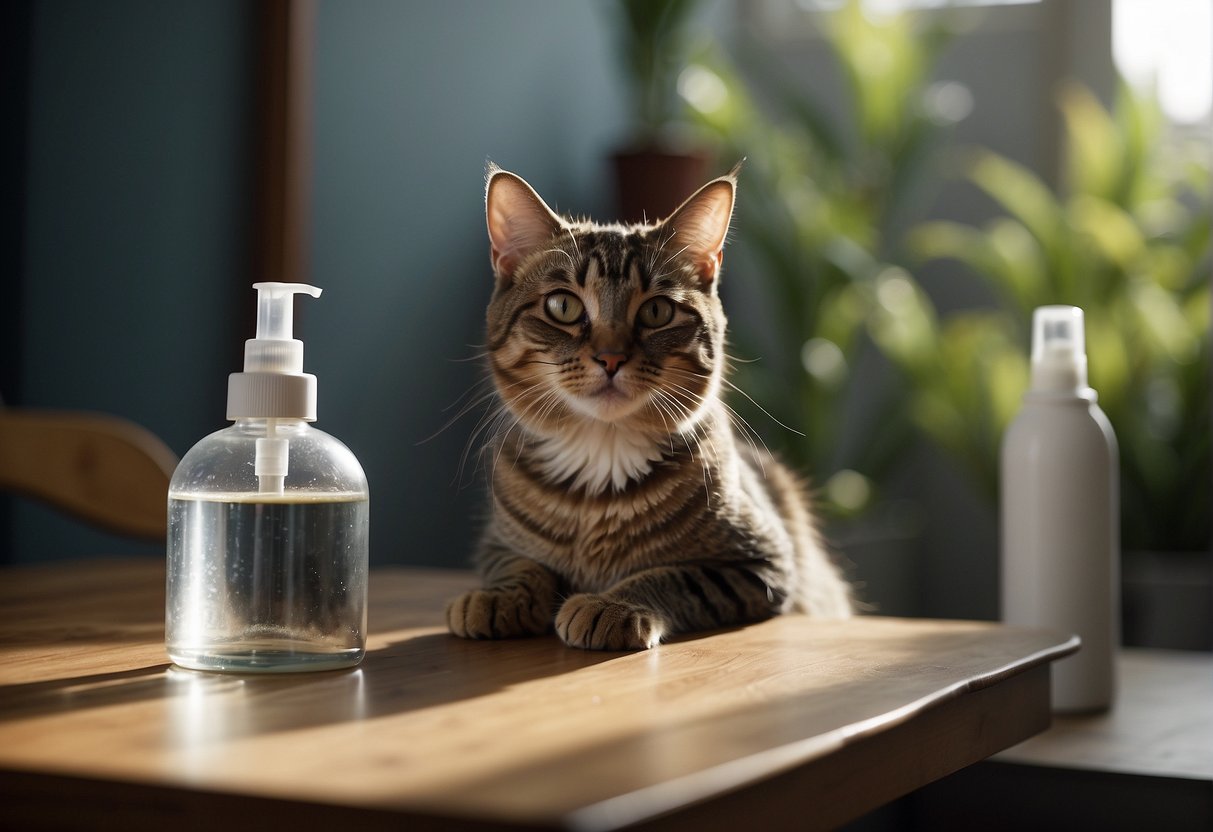 A cat sits defiantly on a table, ears back and tail twitching. A spray bottle and a stern expression are nearby