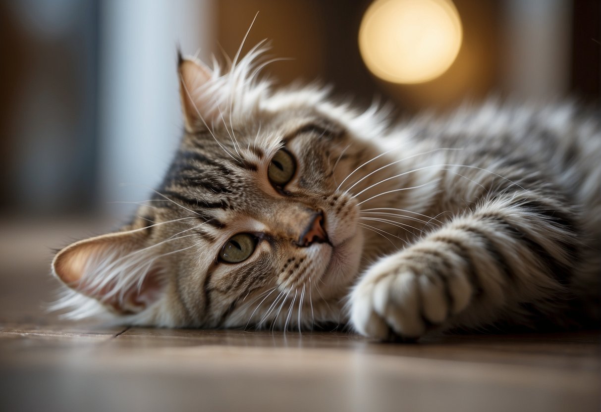 A cat rolls on the floor, its fur ruffling as it playfully twists and turns