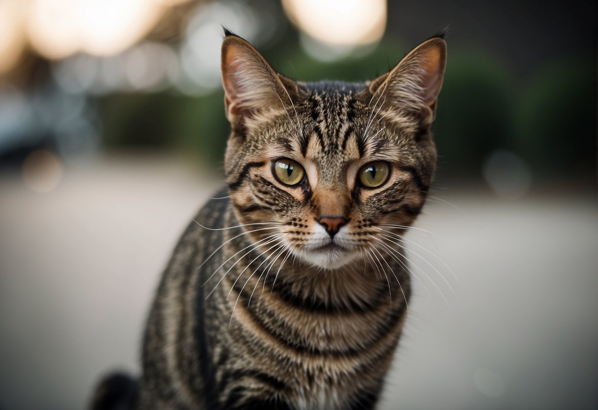 A cat with its ears turned back, eyes narrowed, and body tense, as if reacting to a sudden noise or feeling threatened
