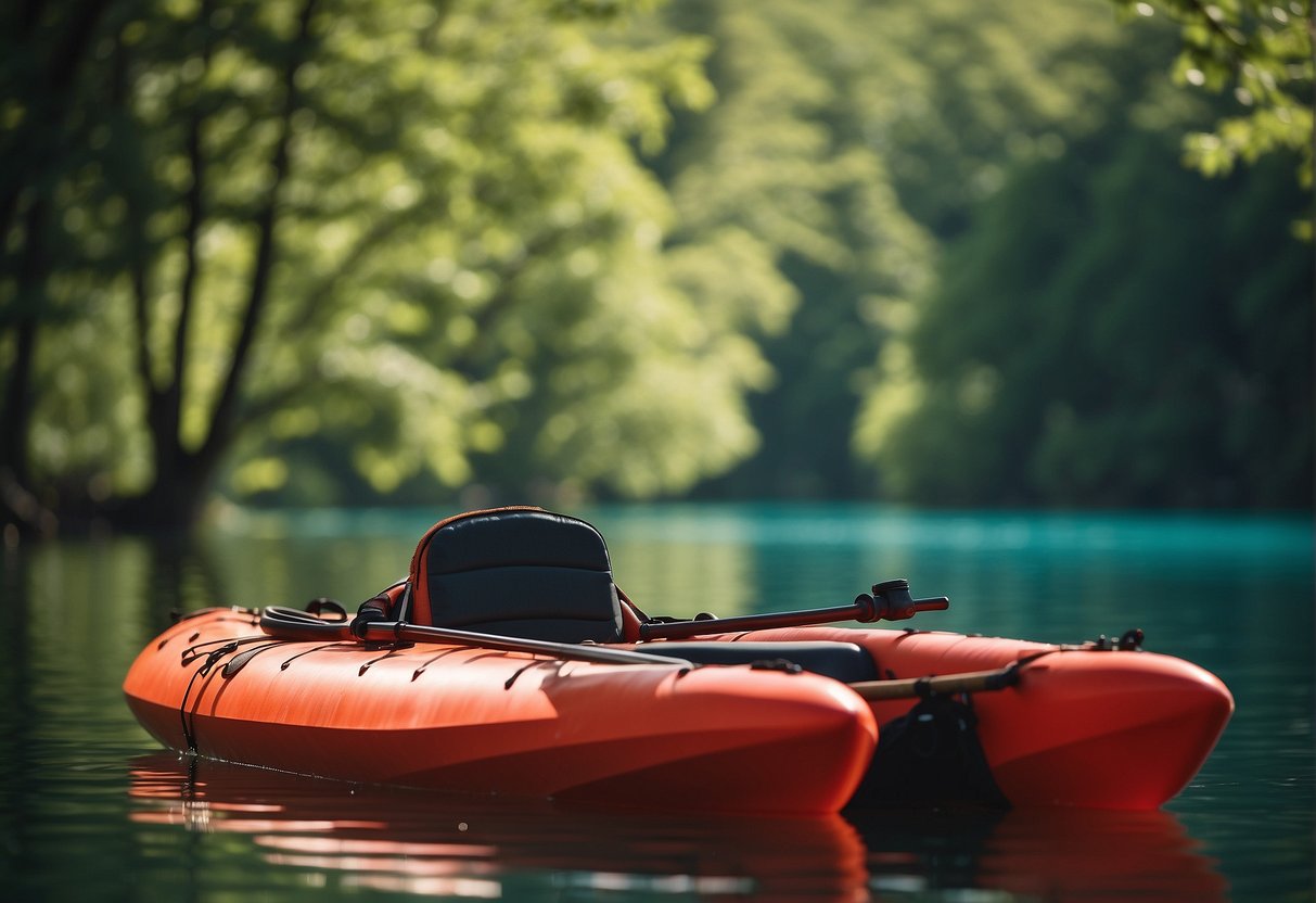 A red personal floatation device is strapped on a kayak. The kayak is floating on calm water, surrounded by green trees and a clear blue sky