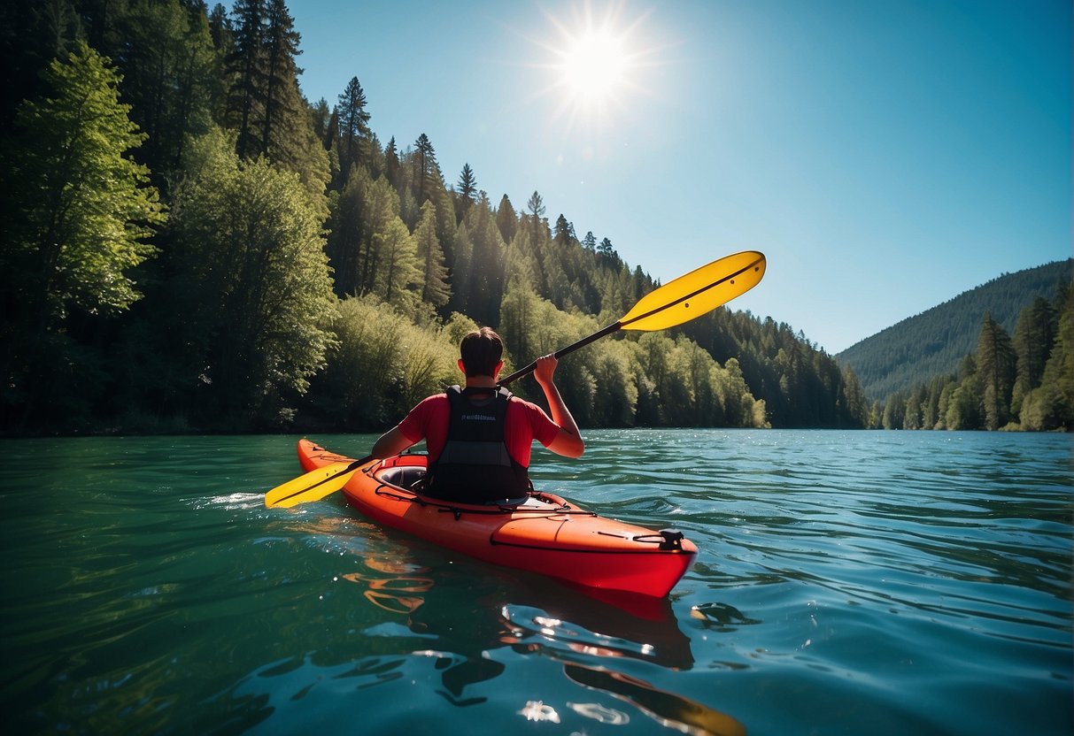 A person in a kayak wearing a red personal flotation device paddles through calm waters, surrounded by lush green trees and a clear blue sky