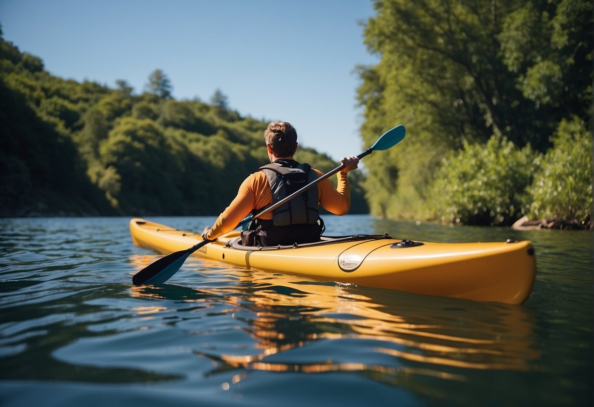 A kayaker wearing a personal floatation device paddles through calm waters, surrounded by lush greenery and under a clear blue sky