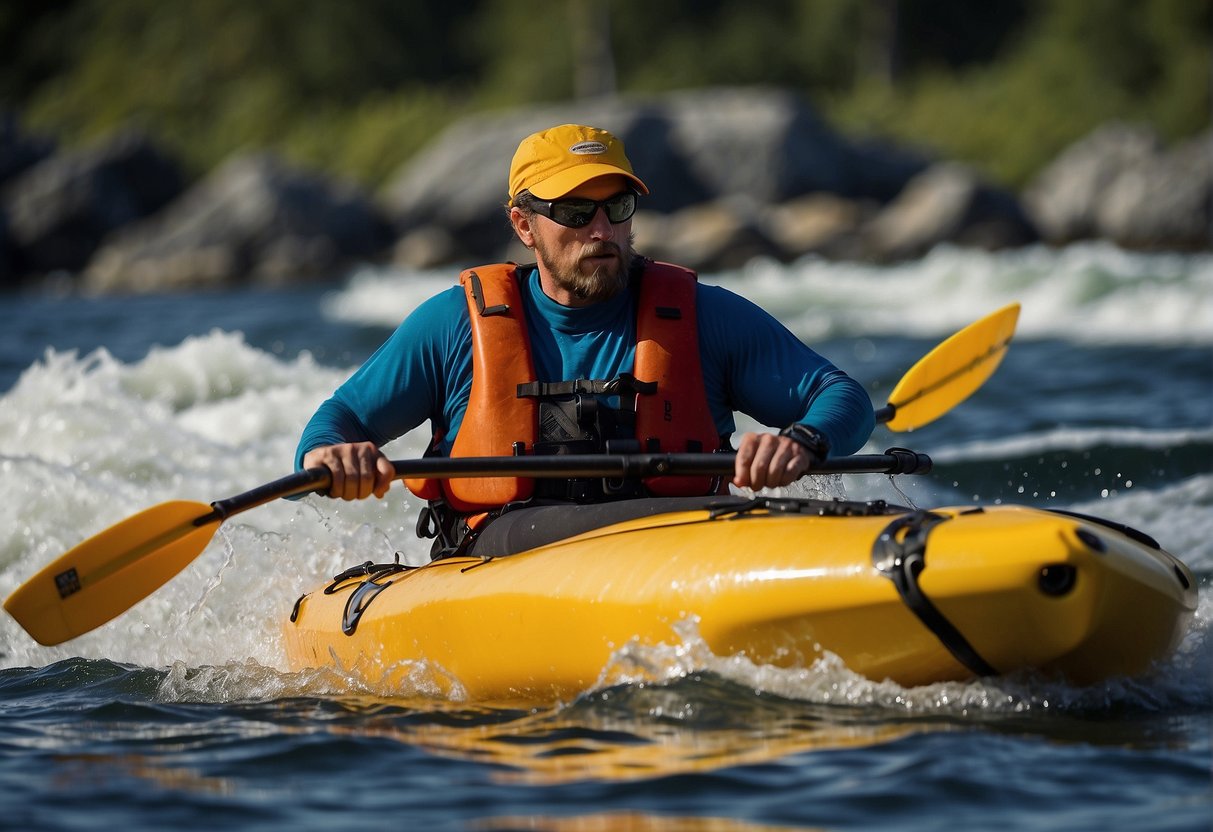 A modern PFD with integrated technology, worn by a kayaker navigating through rough waters