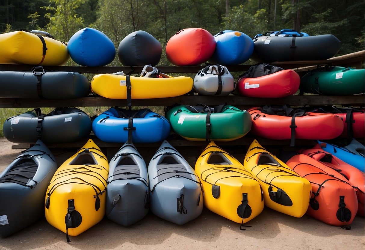 A display of various PFDs, labeled with different prices, for kayaking