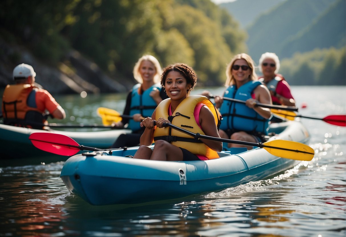 A diverse group of people of all ages and abilities are shown wearing personal floatation devices while enjoying kayaking on a calm, scenic body of water