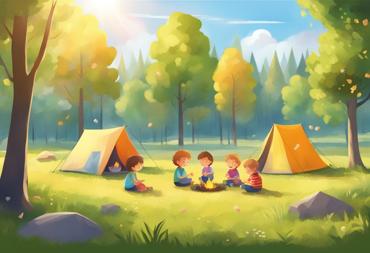 Children playing in a sunny field surrounded by tall trees, with colorful tents and a campfire. The sound of laughter and the smell of marshmallows fill the air