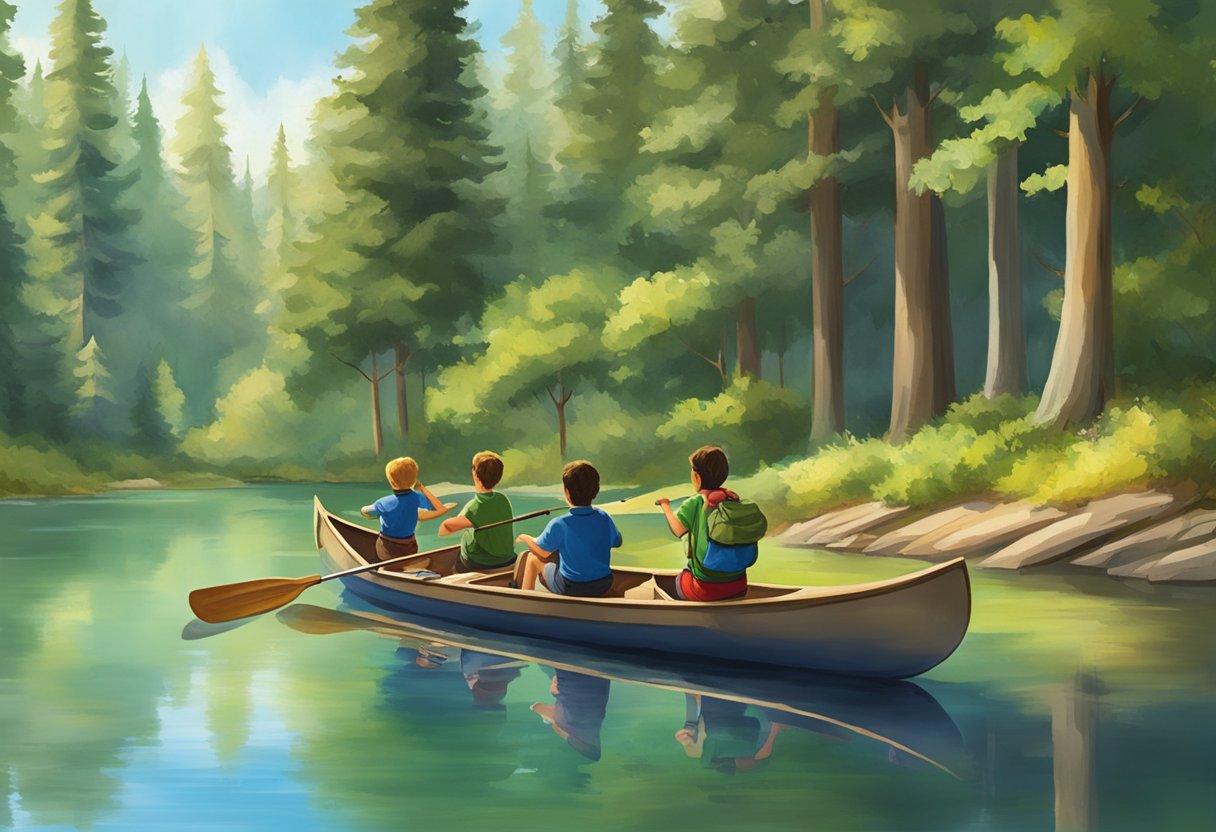 Children canoeing on a peaceful lake, while others hike through the lush forest at Santa Rosa summer camps