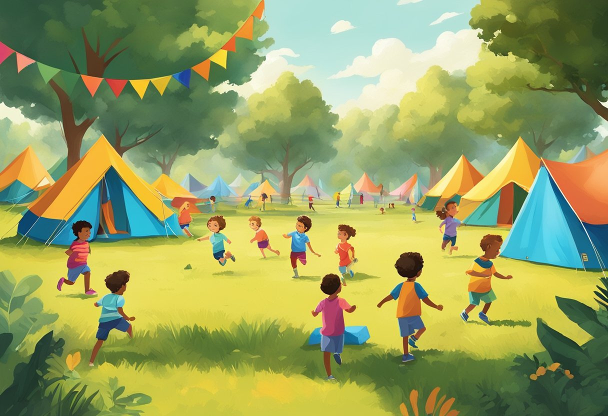 Children playing in a sunny field with colorful tents and trees in the background at Selecting the Right Camp summer camps Santa Rosa