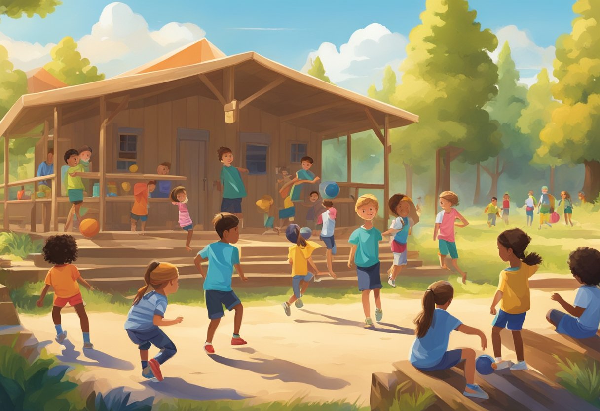 Children playing outdoors at summer camp in Santa Rosa, with a backdrop of trees, a sunny sky, and colorful camp buildings