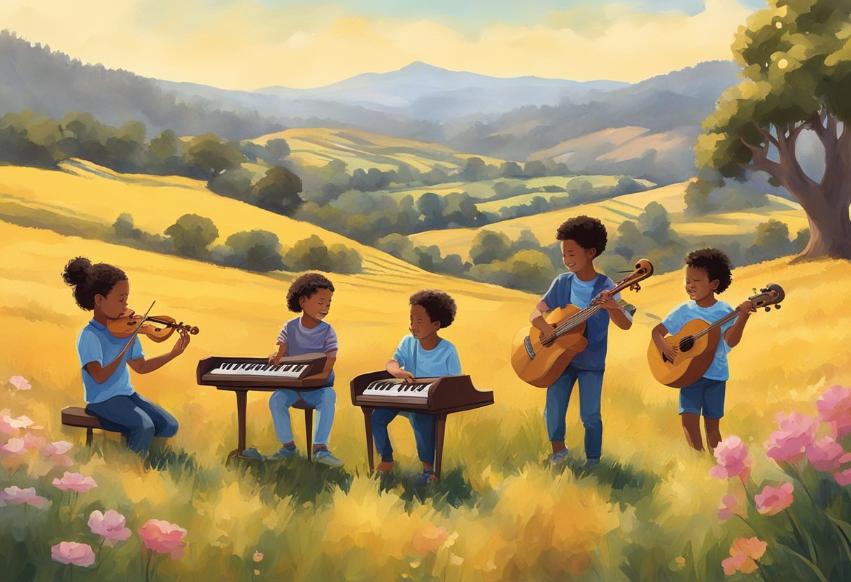 A group of children playing musical instruments in a sunny field surrounded by the scenic beauty of Sonoma County