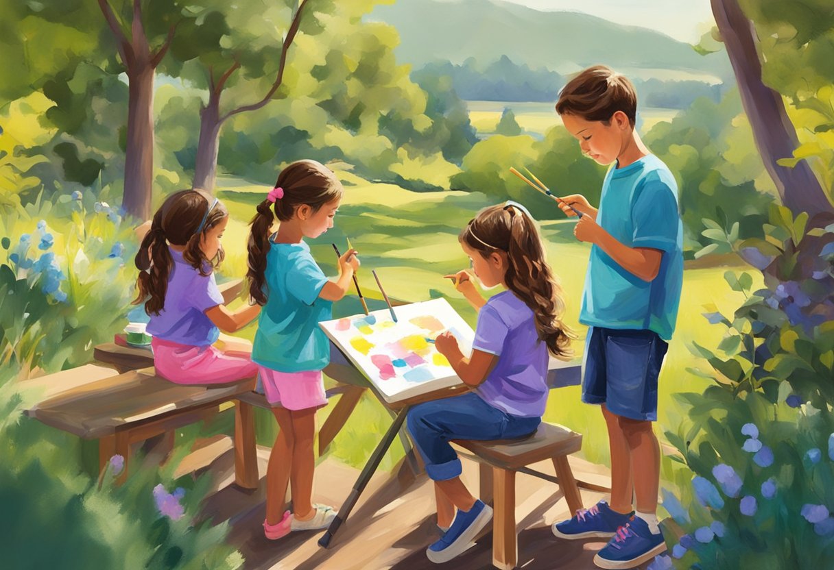 Children painting outdoors at top art camps in Sonoma County, surrounded by lush greenery and colorful art supplies