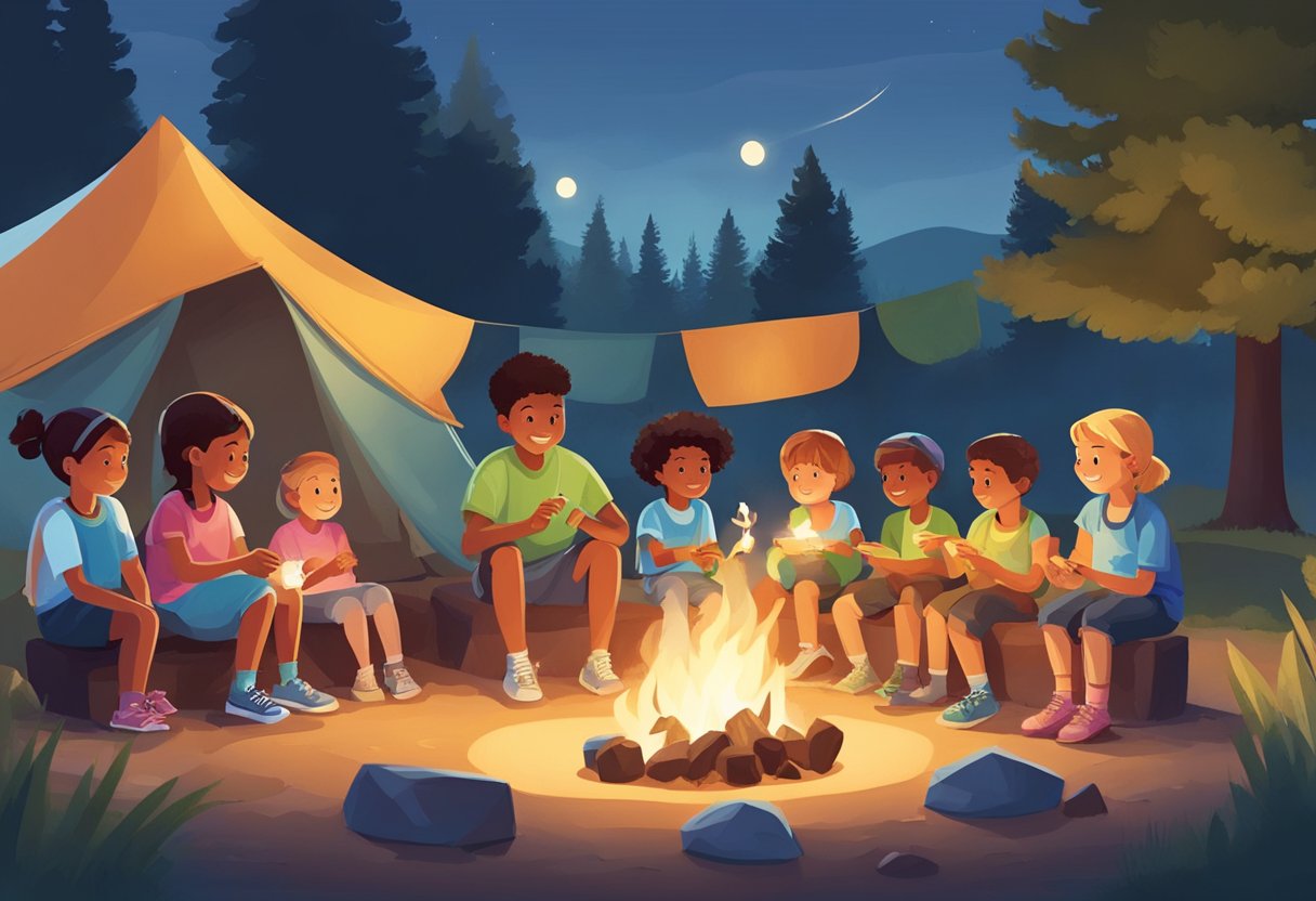 Children playing outdoor games, roasting marshmallows, and making crafts at a summer camp in Santa Rosa. A counselor leads a Q&A session about camp activities