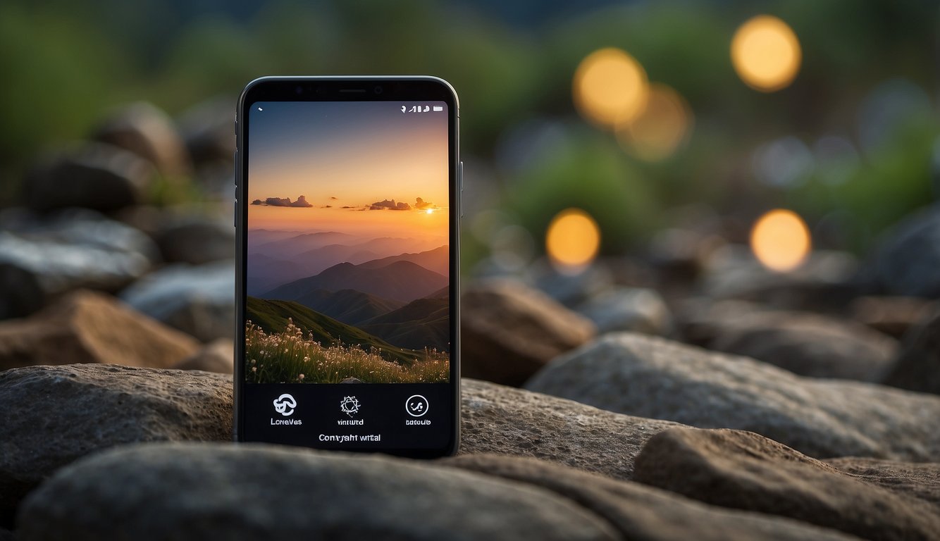 A serene landscape with a tranquil setting, soft lighting, and a peaceful ambiance, with a smartphone displaying various meditation app icons