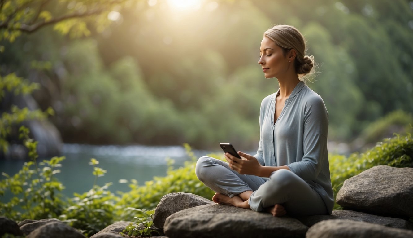A serene figure meditates in a peaceful, nature-filled setting with a smartphone displaying a meditation app. The app's interface showcases calming colors and simple, user-friendly features