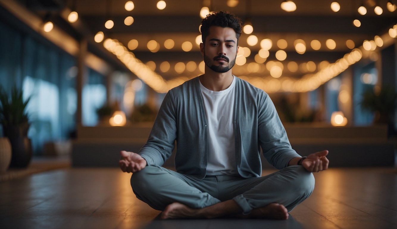 A serene figure sits cross-legged, surrounded by budget-friendly meditation apps. A peaceful atmosphere is created with soft lighting and calming colors