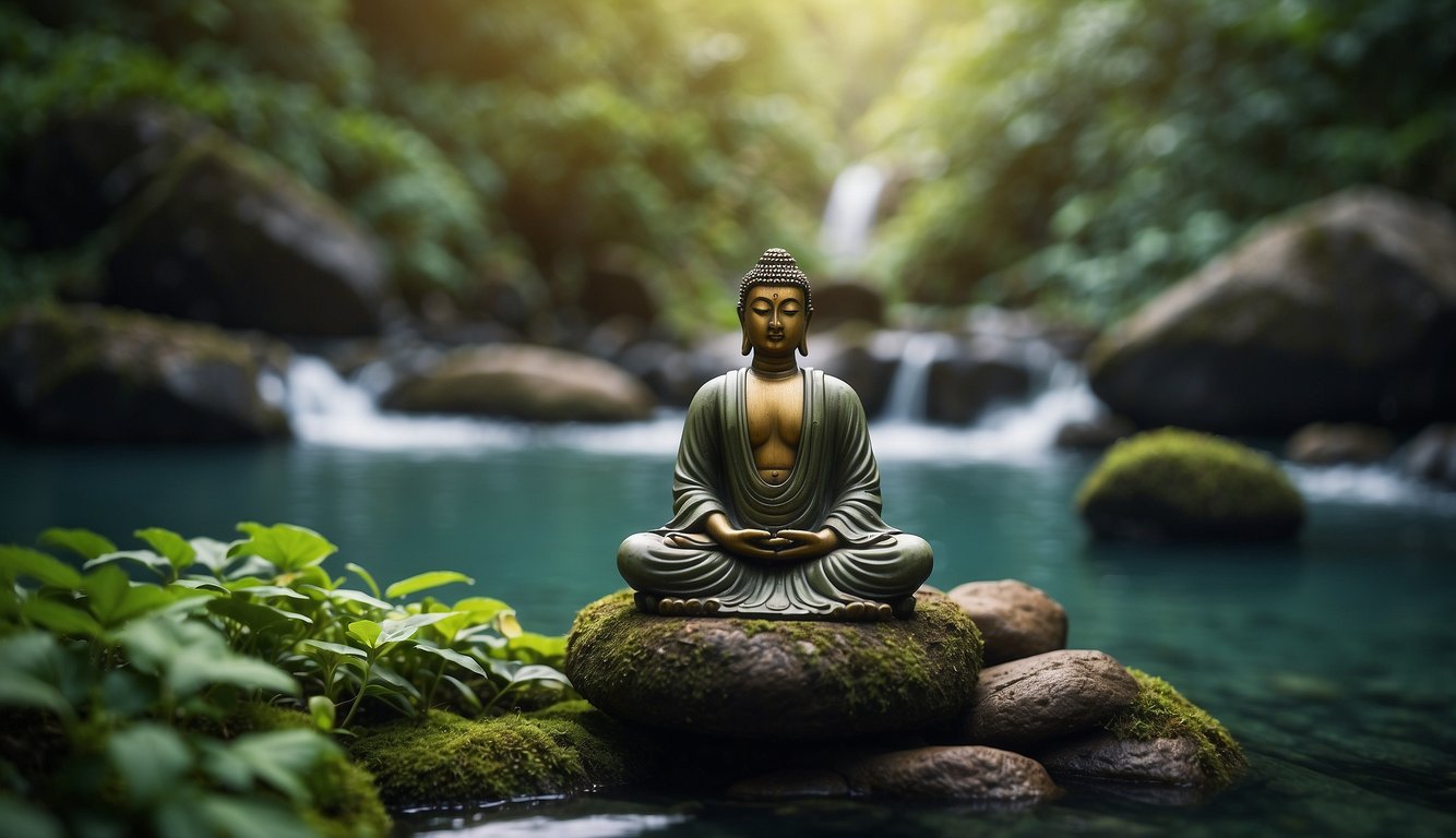 A serene figure sits cross-legged, surrounded by lush greenery and gently flowing water. A smartphone displays various meditation app icons, indicating a peaceful and focused atmosphere