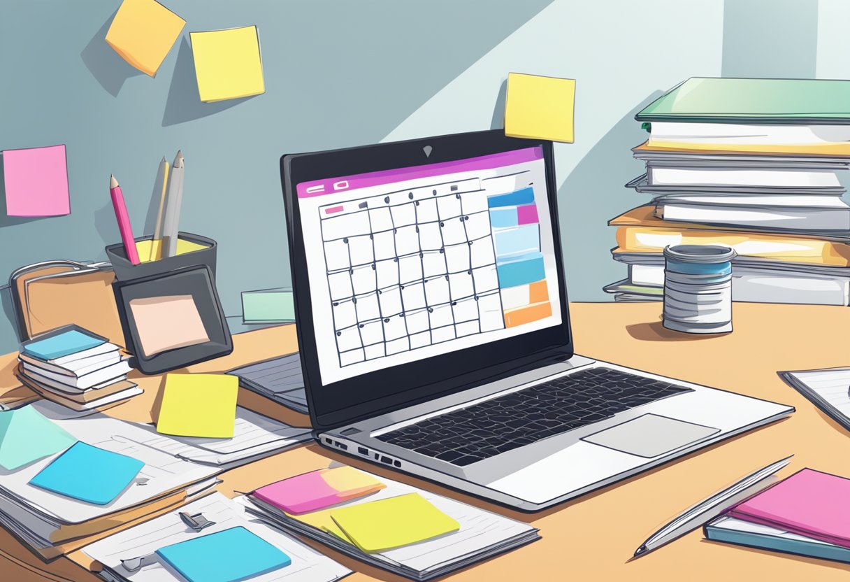 A laptop open on a desk, with a calendar, notebook, and pen nearby. A stack of books on online dating and a brainstorming board with sticky notes