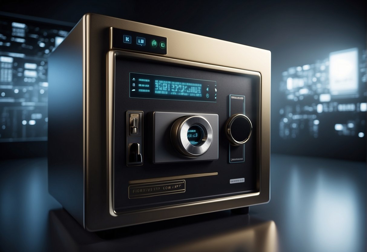 A high-tech safe with multiple security features, such as fingerprint and facial recognition, is used to store cryptocurrency investments securely