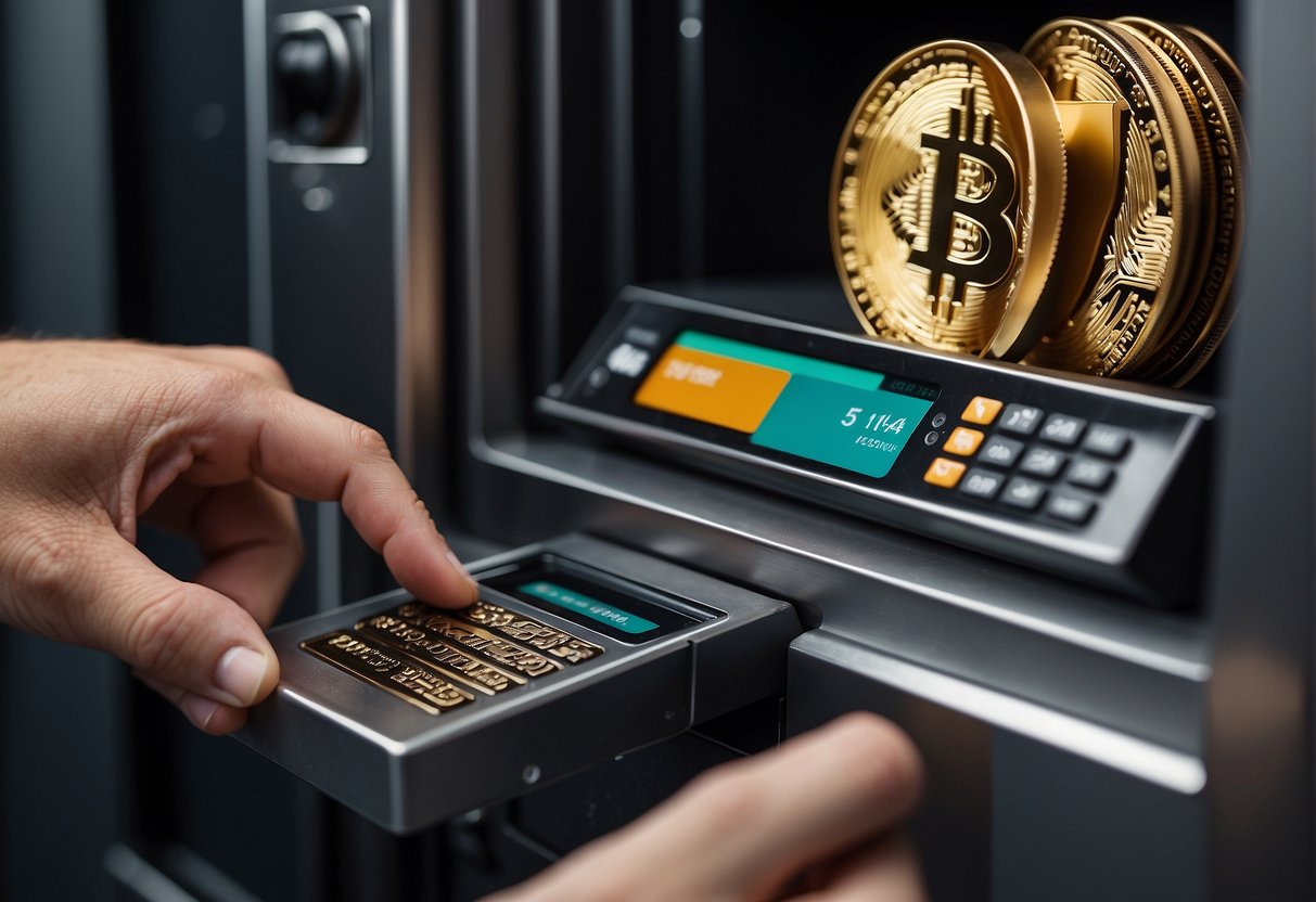 A hand placing a cryptocurrency wallet into a secure, fireproof safe
