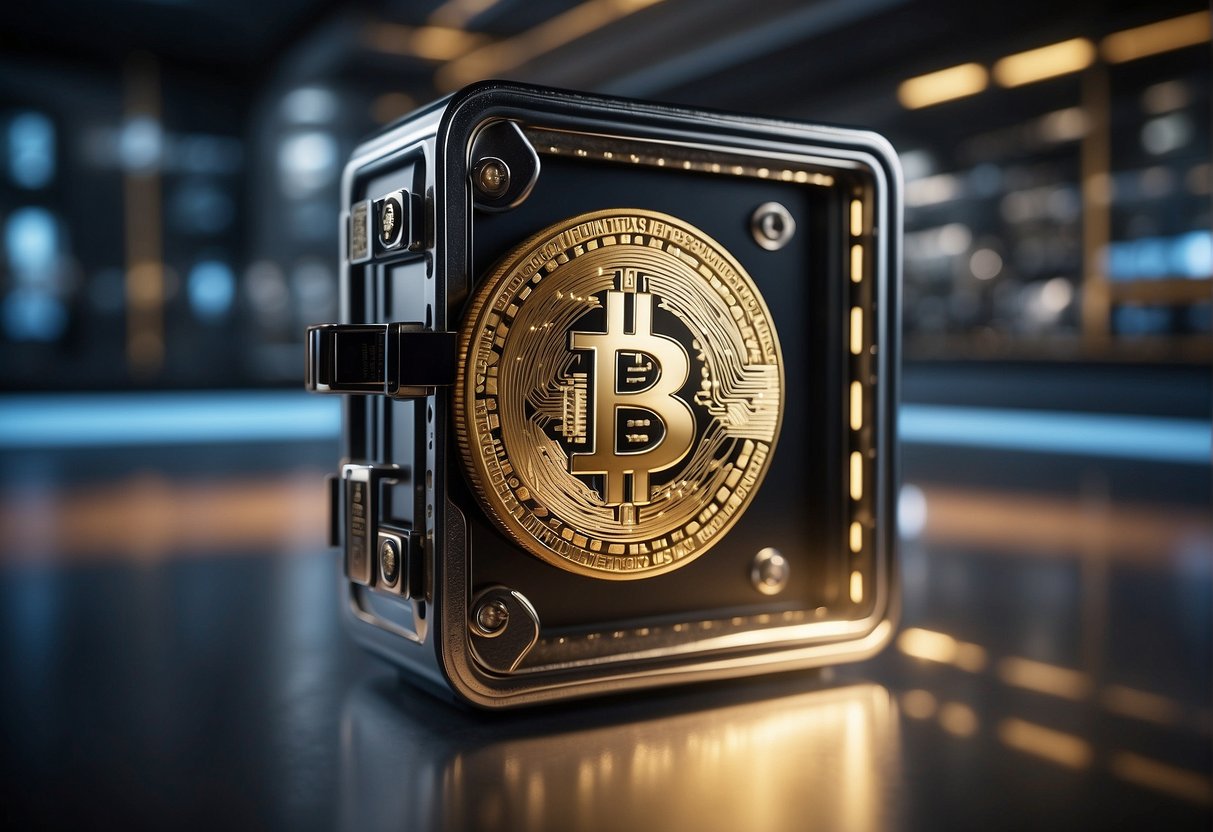 A secure vault with multiple layers of protection, including biometric access and encryption, holds various types of cryptocurrency investments