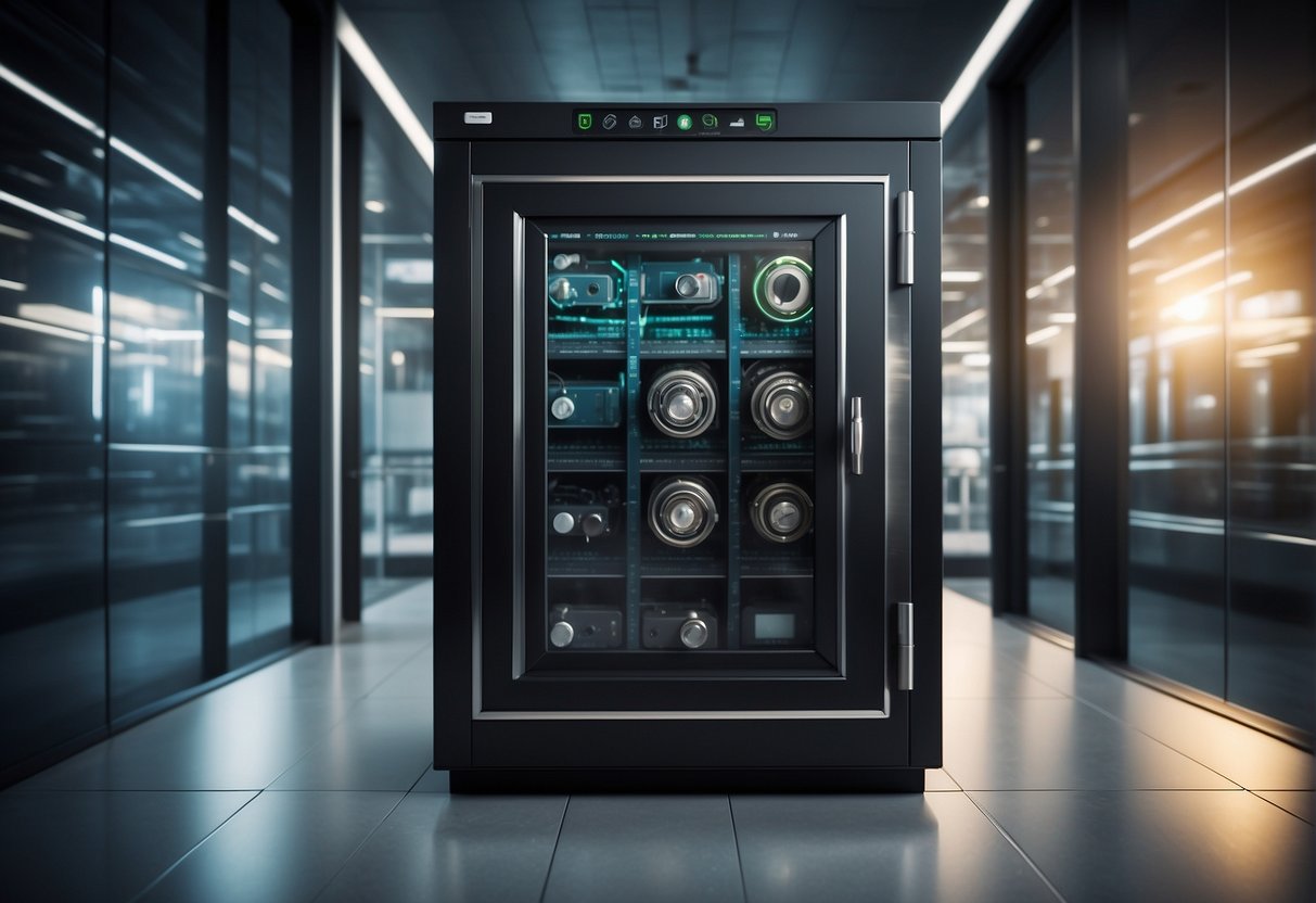 A high-tech safe with biometric access, encryption keys, and multiple layers of authentication. Security cameras and motion sensors protect the perimeter