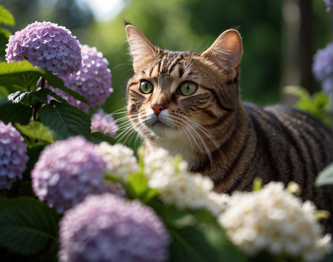 A curious cat sniffs a vibrant hydrangea bush, its leaves and flowers vivid against the greenery