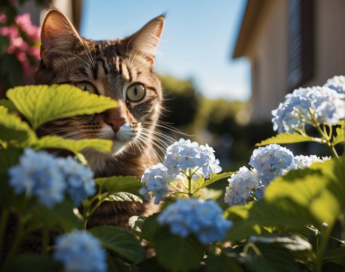 A curious cat sniffs a vibrant hydrangea bush, its leaves and flowers casting a toxic shadow