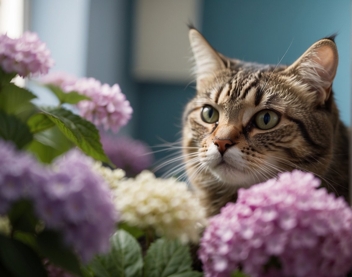 A cat receiving treatment for hydrangea poisoning at a veterinary clinic